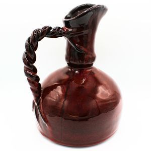 Mediterranean Style Ceramic Pottery Pitcher Burgundy Red 10" Braided Rope Handle